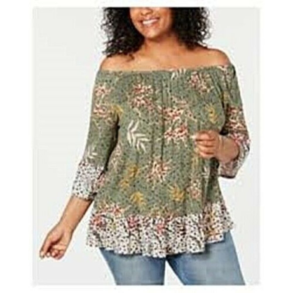 Style & Co Blouse Green Floral XS Peasant Bell Sleeve Off Shoulder Spring New - Picture 2 of 3